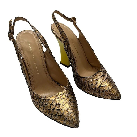 Charlotte Olympia Bronze Python Slingback Neon Heels - Picture 2 of 10